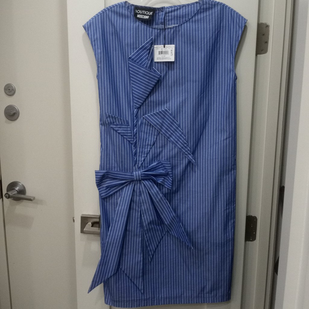 Boutique Moschino Women’s Nwt Blue Striped Origami Tulip/Bow Midi Dress